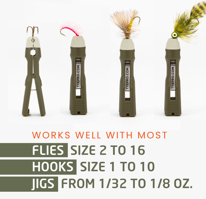 TYEPRO Fly and Ice Knot Tying Tool Infographic for Various Lure heads.